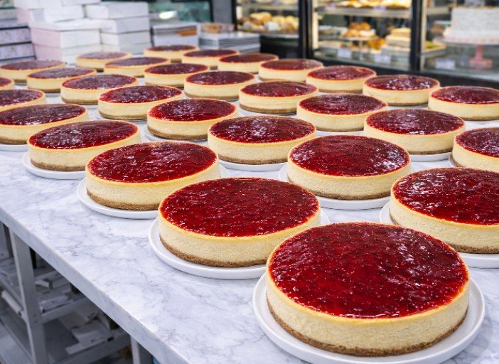 Raspberry cheesecakes on counter